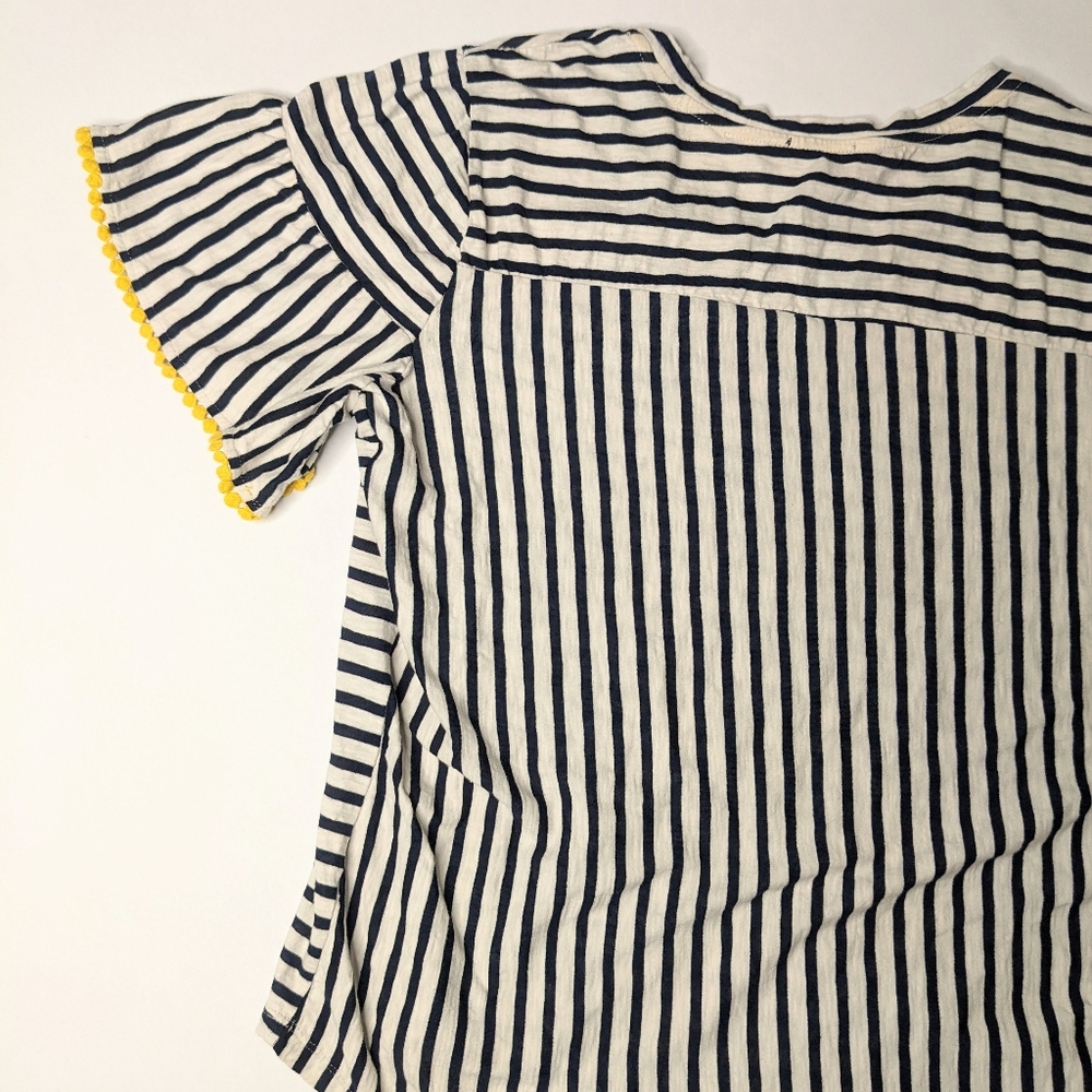 Anthropologie W5 navy striped with yellow pom pom flutter sleeves